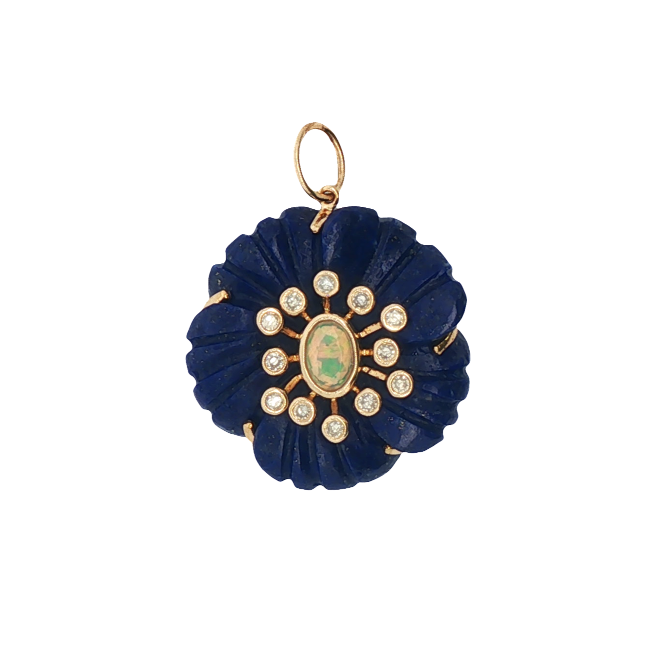 Celestine Bloom Fleur de Charme Pendant in 14K Yellow Gold with Lapis, Opal, and Diamonds by Elyzian Fine Jewelry