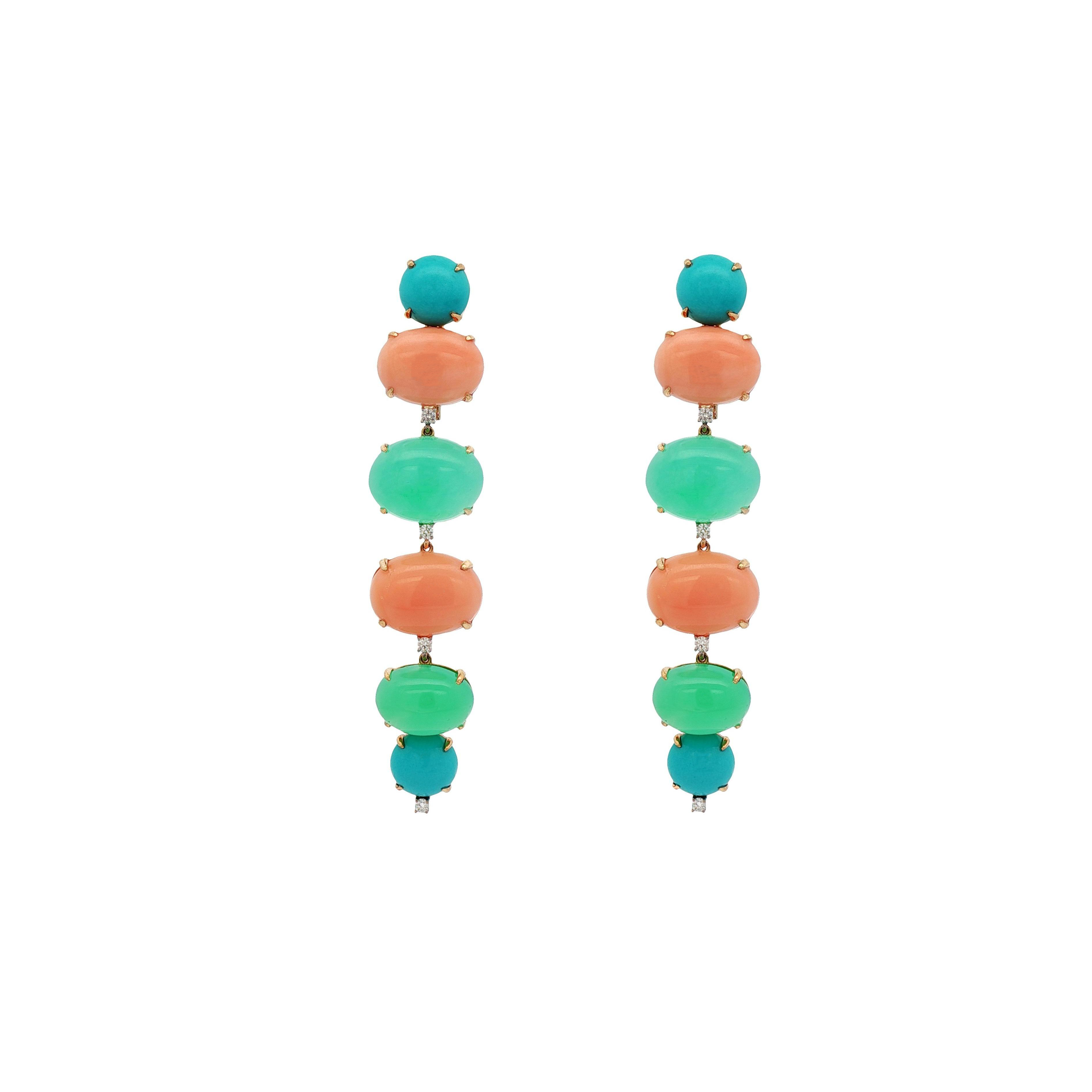 Pair of earrings with turquoise and pink coral and chrysoprase with diamond accents