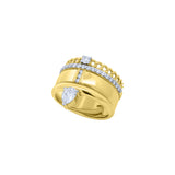 Detail of pavé diamond cross and chain-edge on 14K Yellow Gold Cigar Band Ring by Elyzian