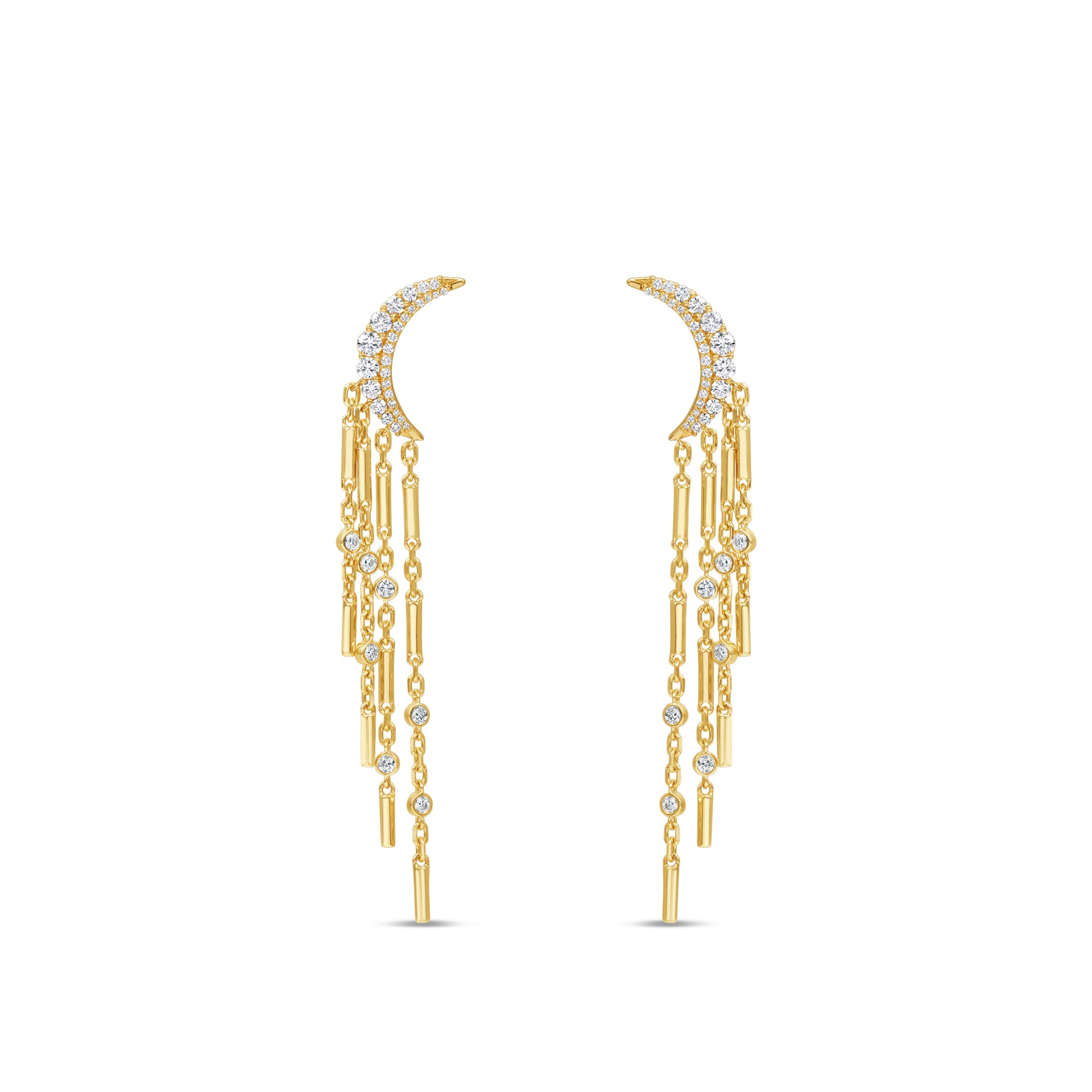 Diamond moon crawling dangle earrings in 14k yellow gold by Elyzian Fine Jewelry

