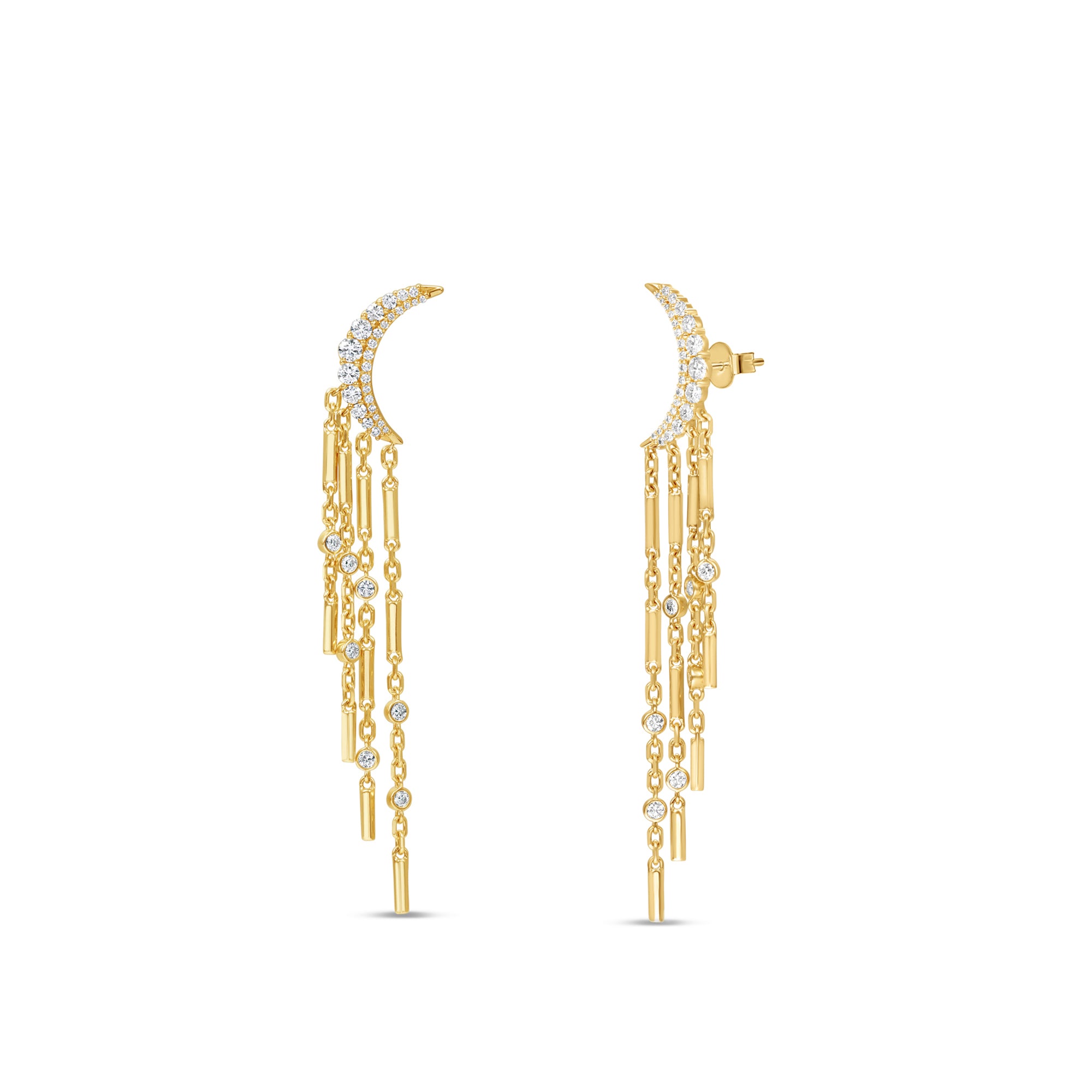 Side angle Diamond moon crawling dangle earrings in 14k yellow gold by Elyzian Fine Jewelry