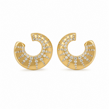 A pair of gold crescent-shaped stud earrings decorated with rows of small clear pavé stones, set against a plain white background.