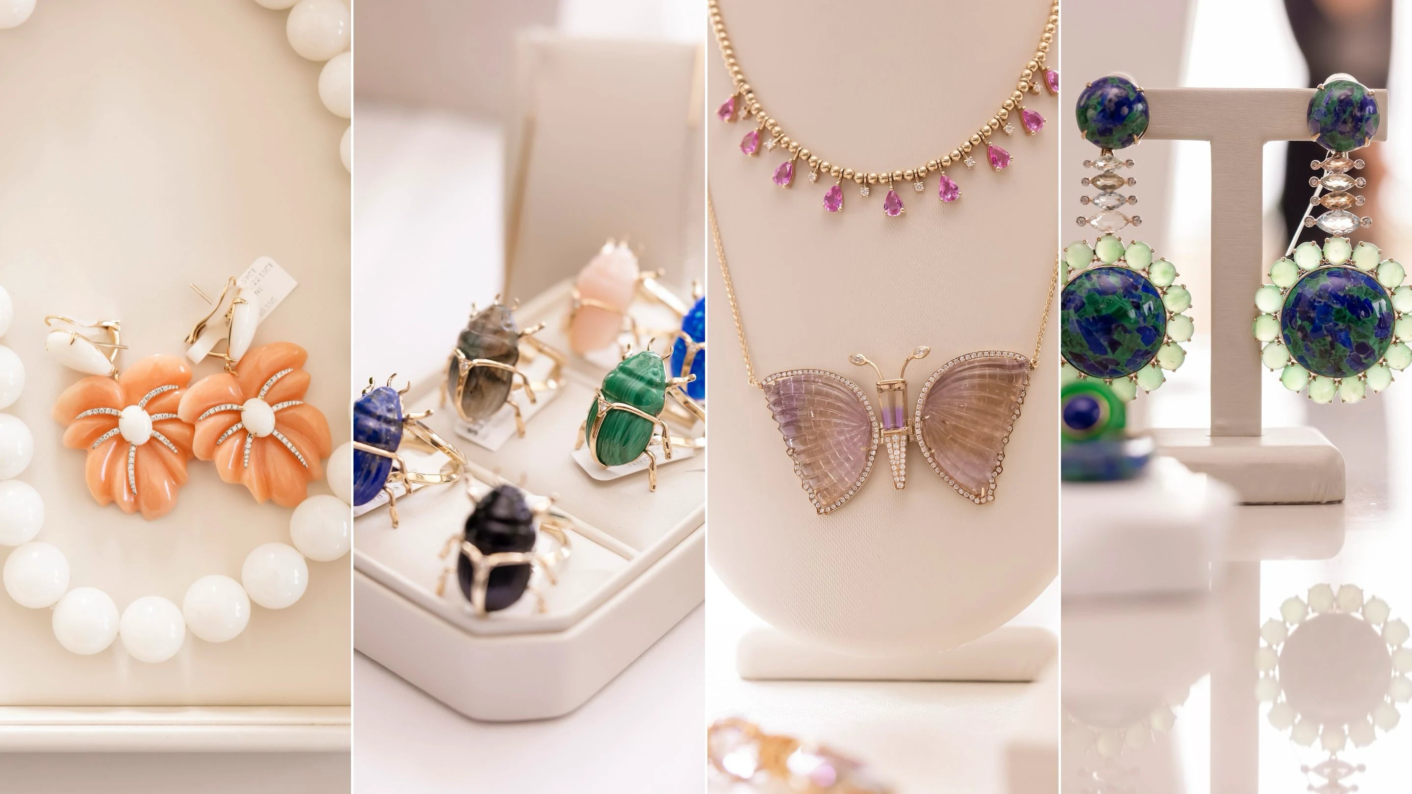 Elyzian Fine Jewelry collection featuring coral flower earrings, gemstone rings, butterfly necklace, and statement earrings