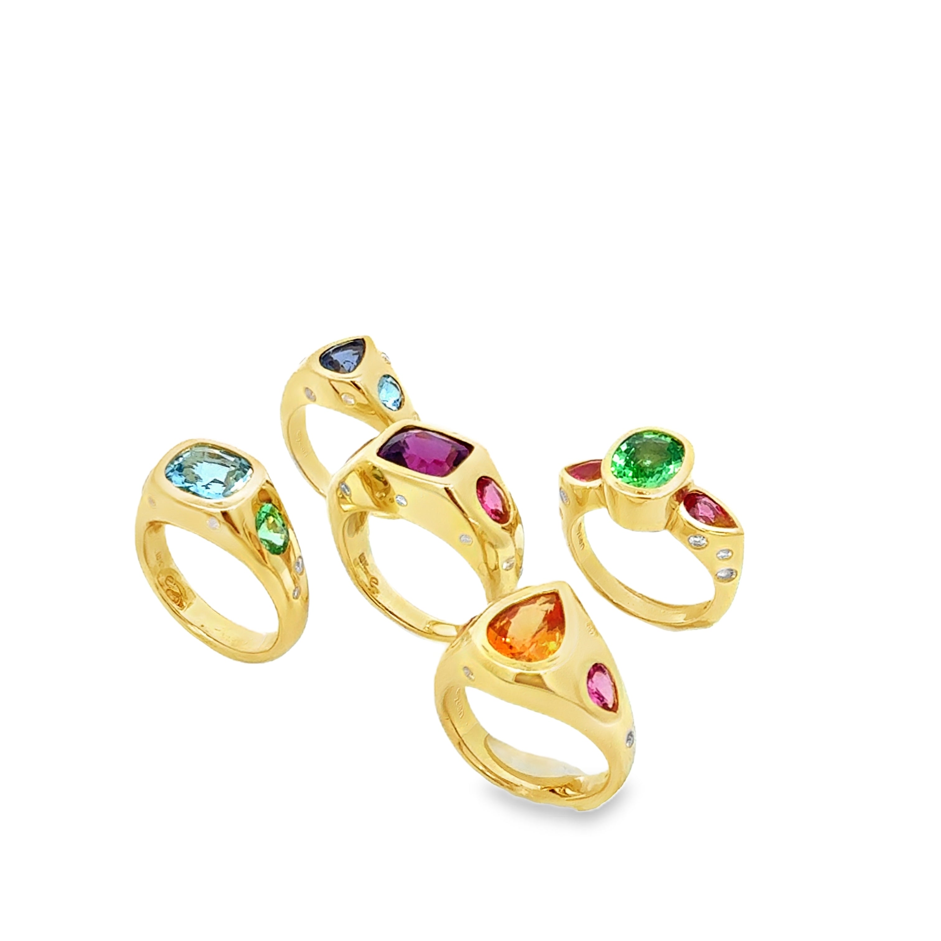 5 elyzian bezel set gemstone trip rings in 18k yellow gold side angle 