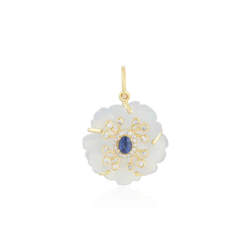  Elyzian Fine Jewelry Chalcedony & Kyanite Fleur de Charme charm in 14K yellow gold — hand-carved chalcedony flower with blue kyanite center and diamond halo
