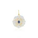  Elyzian Fine Jewelry Chalcedony & Kyanite Fleur de Charme charm in 14K yellow gold — hand-carved chalcedony flower with blue kyanite center and diamond halo
