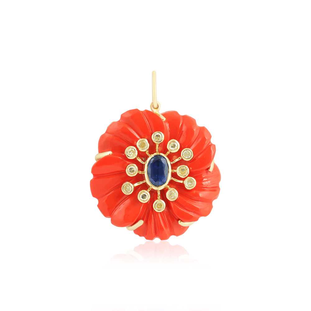 Elyzian Fine Jewelry Coral & Kyanite Fleur de Charme charm in 14K yellow gold — hand-carved coral flower with blue kyanite center and diamond halo
