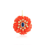 Elyzian Fine Jewelry Coral & Kyanite Fleur de Charme charm in 14K yellow gold — hand-carved coral flower with blue kyanite center and diamond halo
