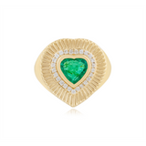 Fluted Gold and Emerald Heart Ring with Diamond Halo