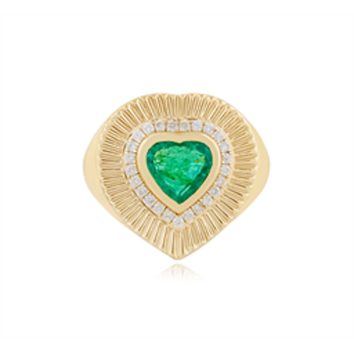 Fluted Gold and Emerald Heart Ring with Diamond Halo