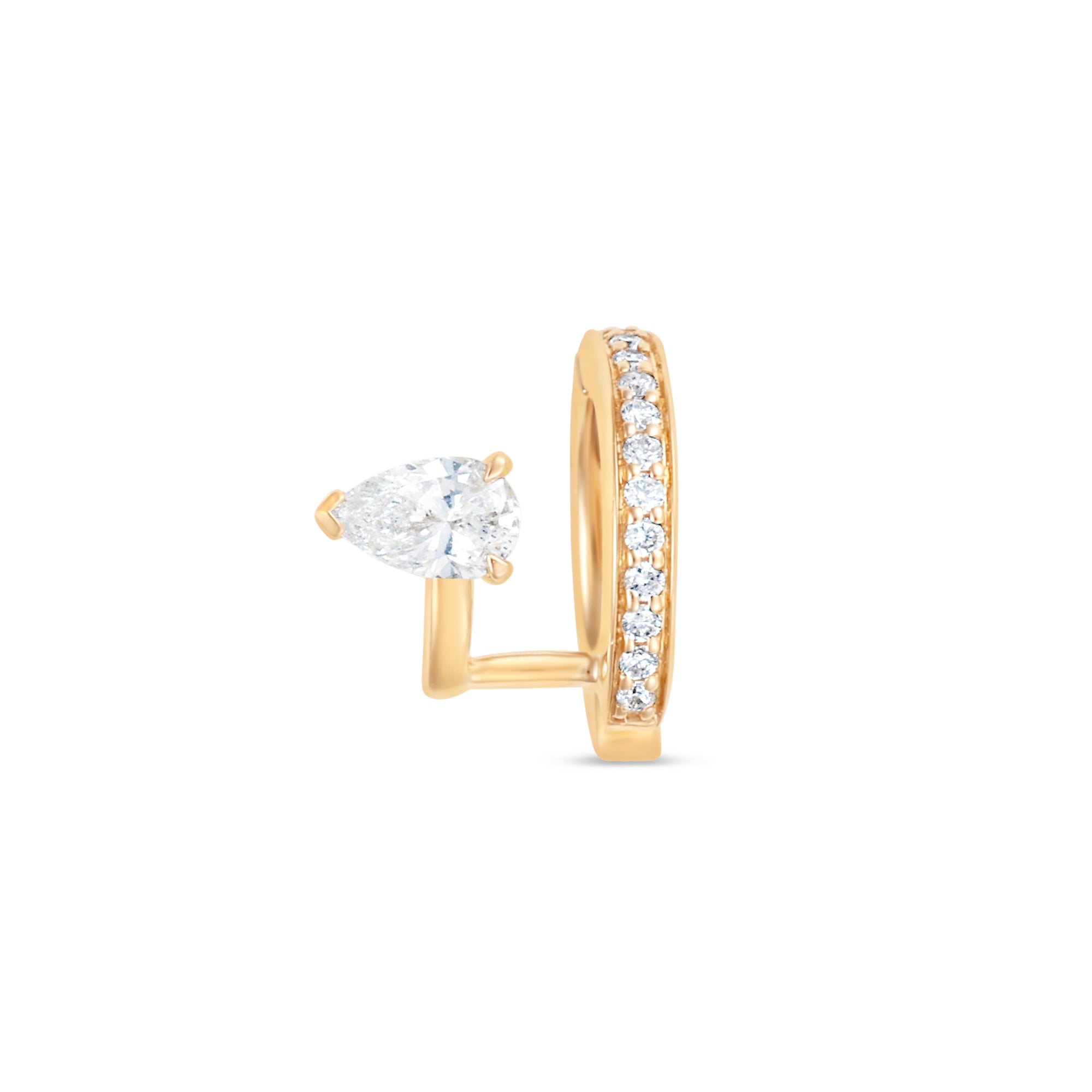 Gold ear cuff with a pear-shaped diamond on a white background
