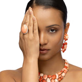 Pear-Shaped Coral Cabochon Statement Ring with Diamond Halo in 18K Gold