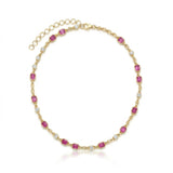 Elyzian Fine Jewelry Pink Sapphire and Diamond Rolo Chain in 14K yellow gold — alternating bezel-set emerald-cut pink sapphires and round brilliant diamonds on a rolo chain, full view
