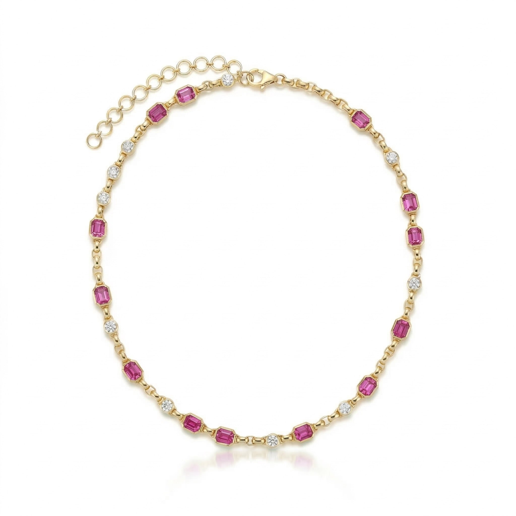 Elyzian Fine Jewelry Pink Sapphire and Diamond Rolo Chain in 14K yellow gold — alternating bezel-set emerald-cut pink sapphires and round brilliant diamonds on a rolo chain, full view

