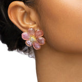 Hand-Carved Pink Tourmaline & Diamond Plum Blossom Clip-On Stud Earrings in 18K Gold