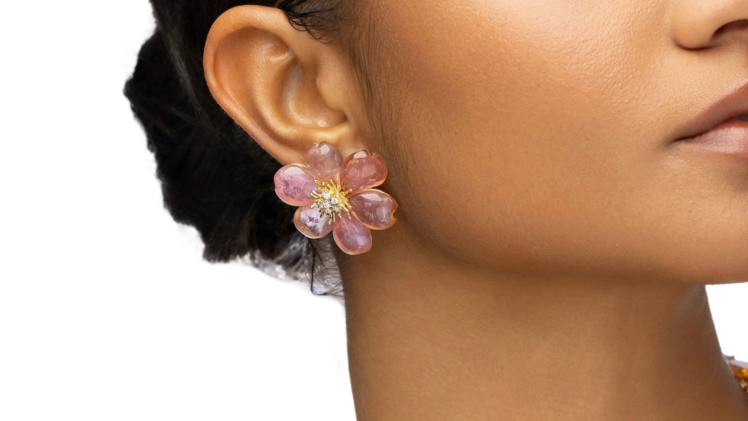 Hand-Carved Pink Tourmaline & Diamond Plum Blossom Clip-On Stud Earrings in 18K Gold