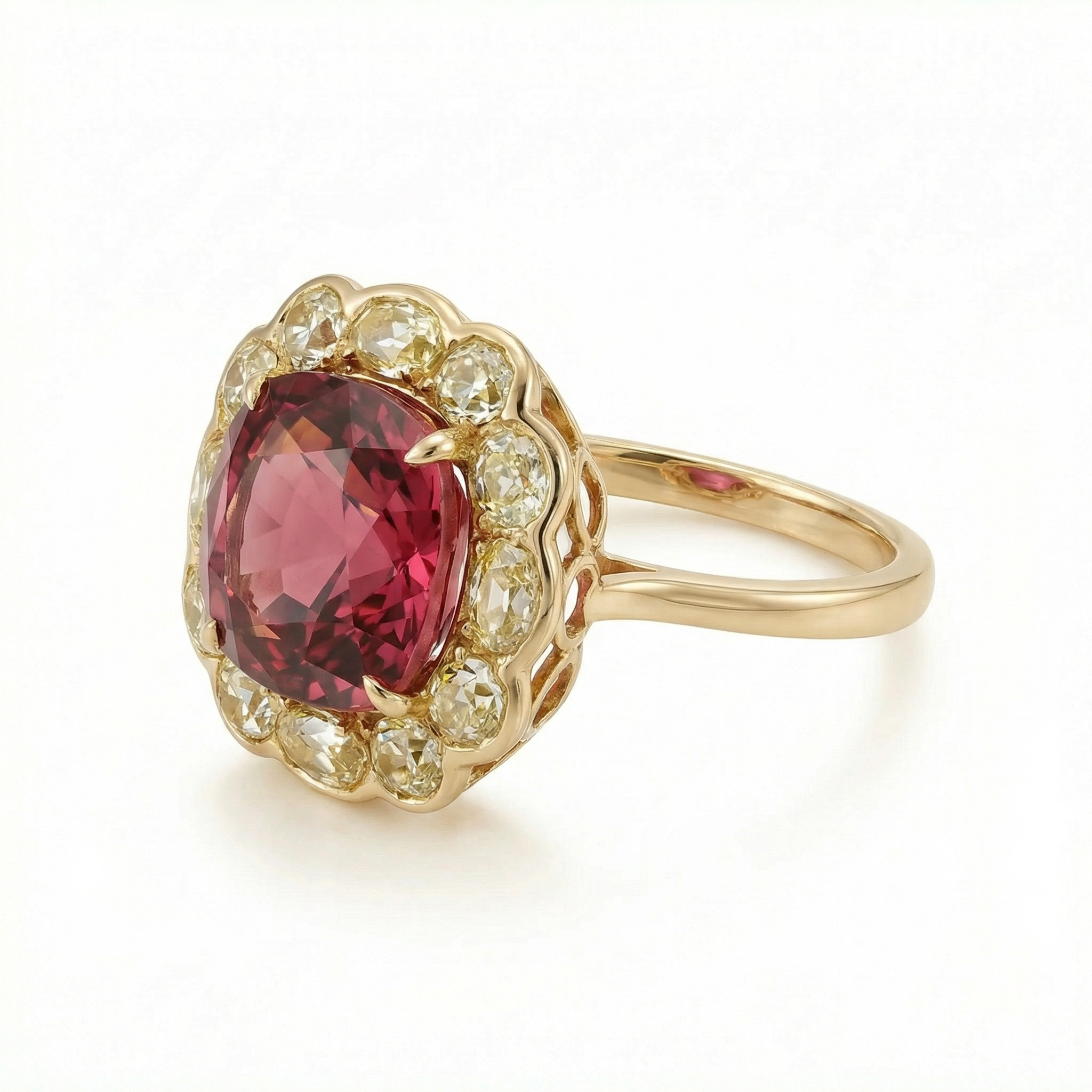 Elyzian Fine Jewelry Pink Tourmaline & Yellow Diamond Halo Ring — cushion-cut pink tourmaline with scalloped yellow diamond halo in 18K yellow gold, side view