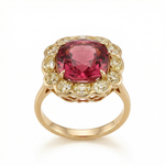 Elyzian Fine Jewelry Pink Tourmaline & Yellow Diamond Halo Ring — cushion-cut pink tourmaline with scalloped yellow diamond halo in 18K yellow gold, front view
