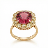 Elyzian Fine Jewelry Pink Tourmaline & Yellow Diamond Halo Ring — cushion-cut pink tourmaline with scalloped yellow diamond halo in 18K yellow gold, front view
