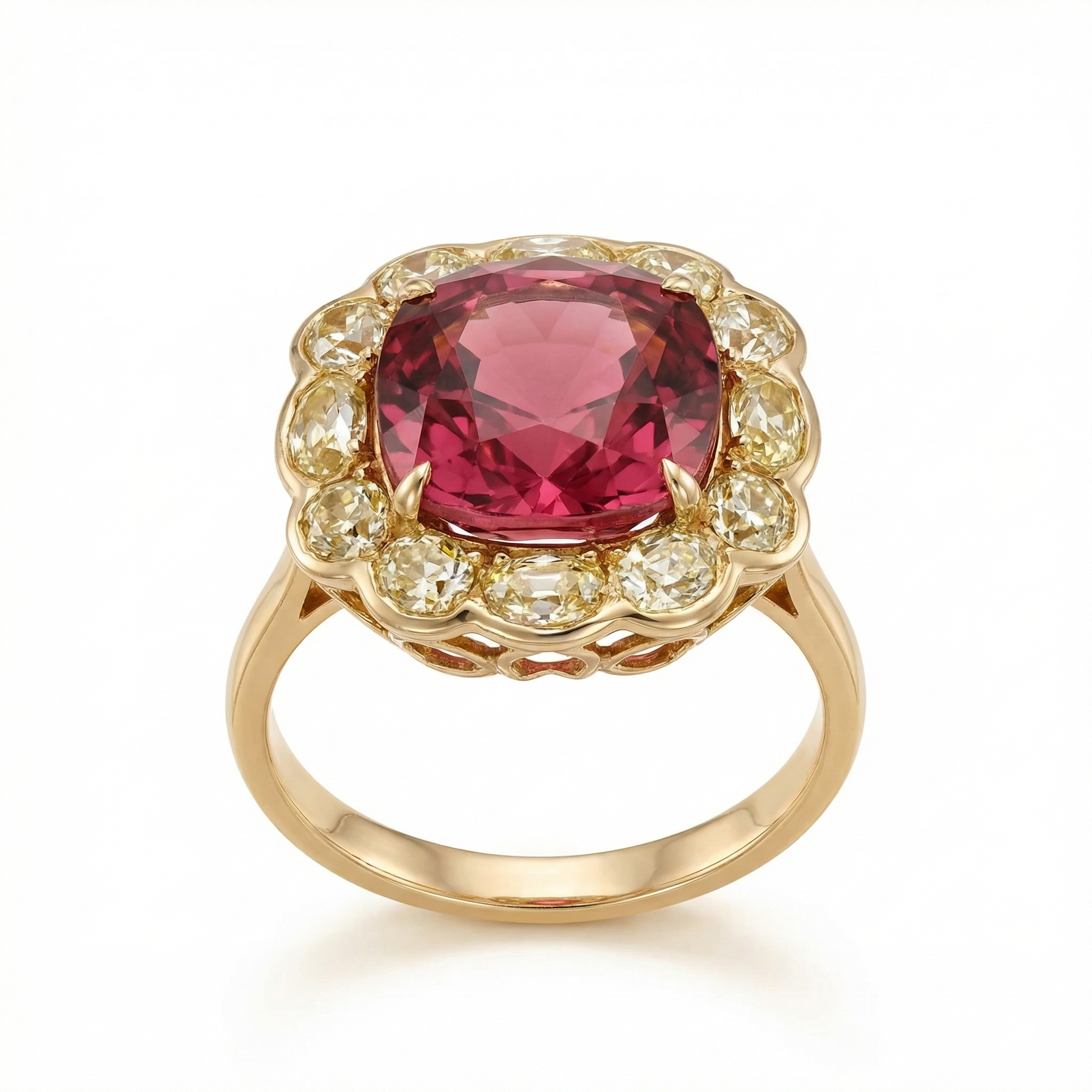 Elyzian Fine Jewelry Pink Tourmaline & Yellow Diamond Halo Ring — cushion-cut pink tourmaline with scalloped yellow diamond halo in 18K yellow gold, front view
