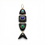 Elyzian Fine Jewelry Poisson Pendant in lapis, onyx, and turquoise set in 14K yellow gold, front view
