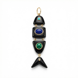Elyzian Fine Jewelry Poisson Pendant in lapis, onyx, and turquoise set in 14K yellow gold, front view
