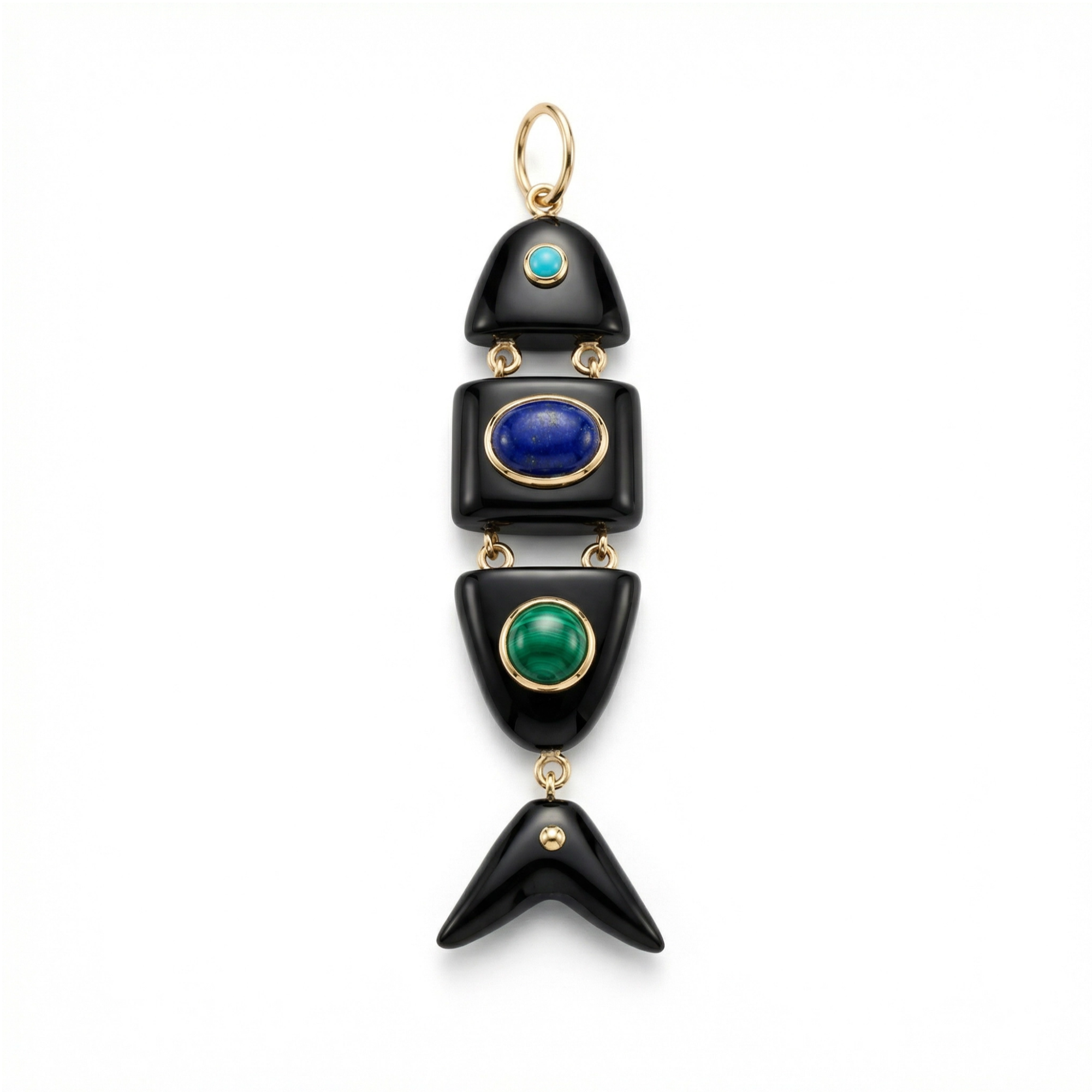 Elyzian Fine Jewelry Poisson Pendant in lapis, onyx, and turquoise set in 14K yellow gold, front view
