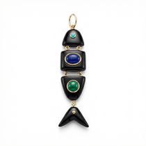 Elyzian Fine Jewelry Poisson Pendant in lapis, onyx, and turquoise set in 14K yellow gold, front view
