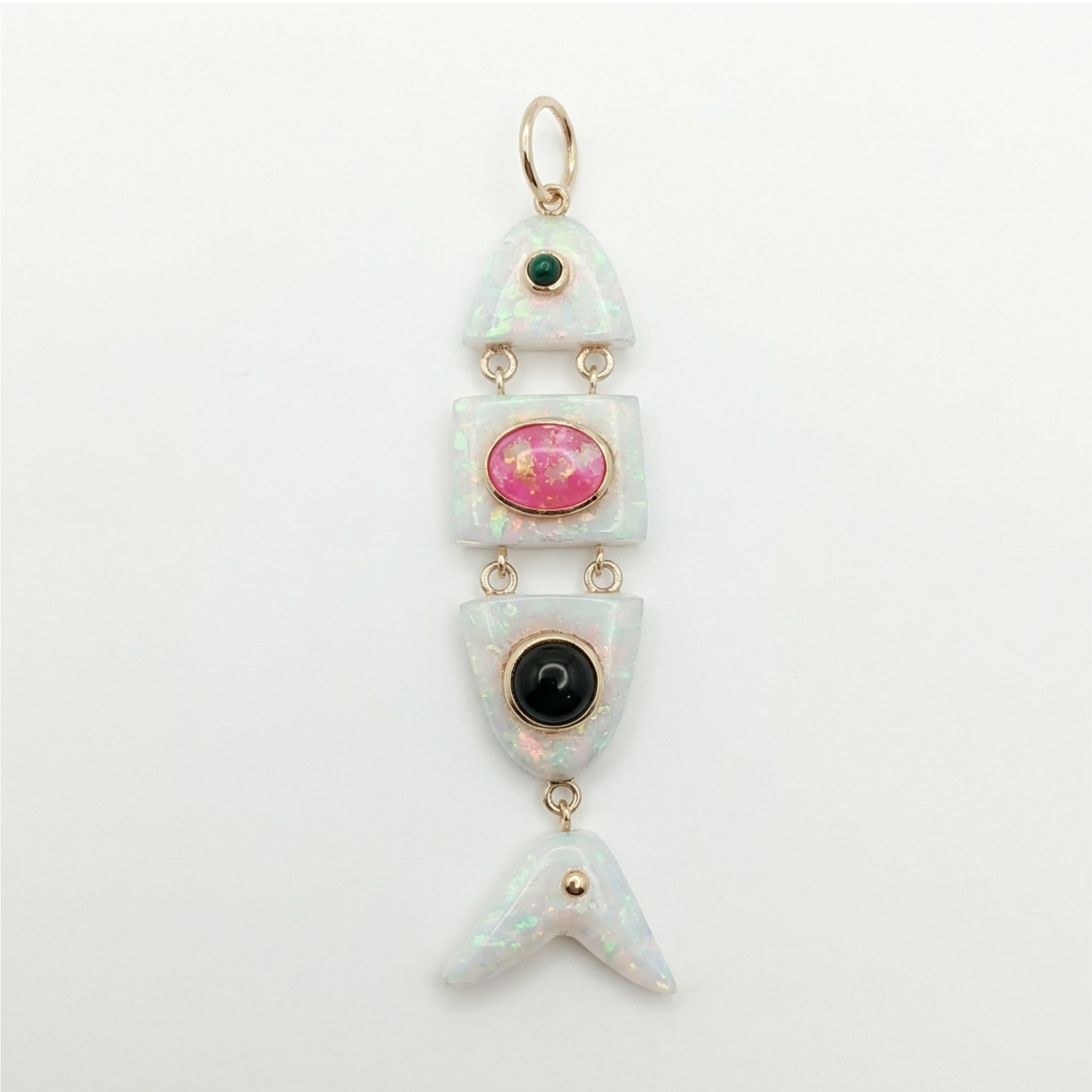 Elyzian Fine Jewelry Poisson Pendant in opal, malachite, and onyx set in 14K yellow gold, front view
