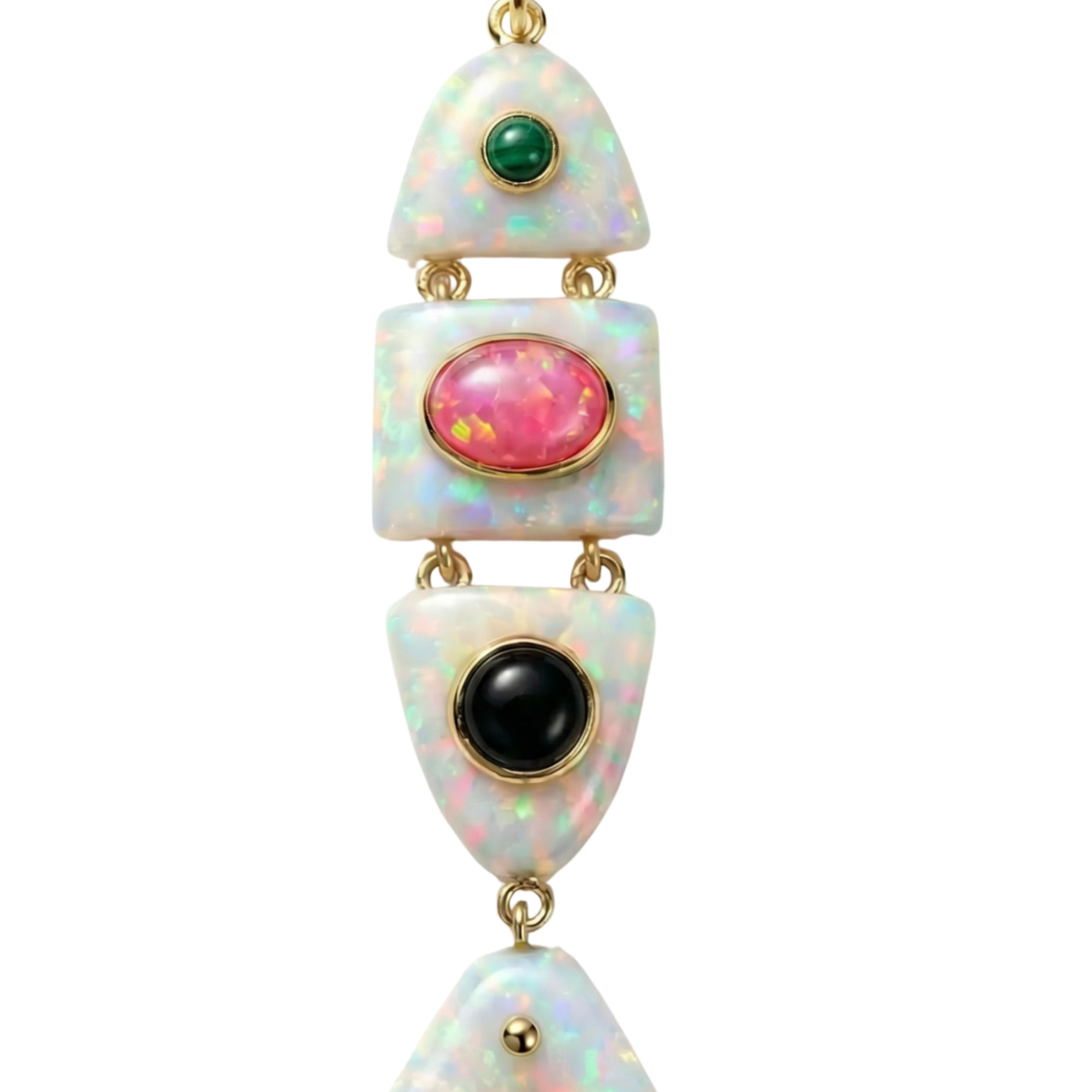 Elyzian Fine Jewelry Poisson Pendant in opal, malachite, and onyx set in 14K yellow gold, front view
