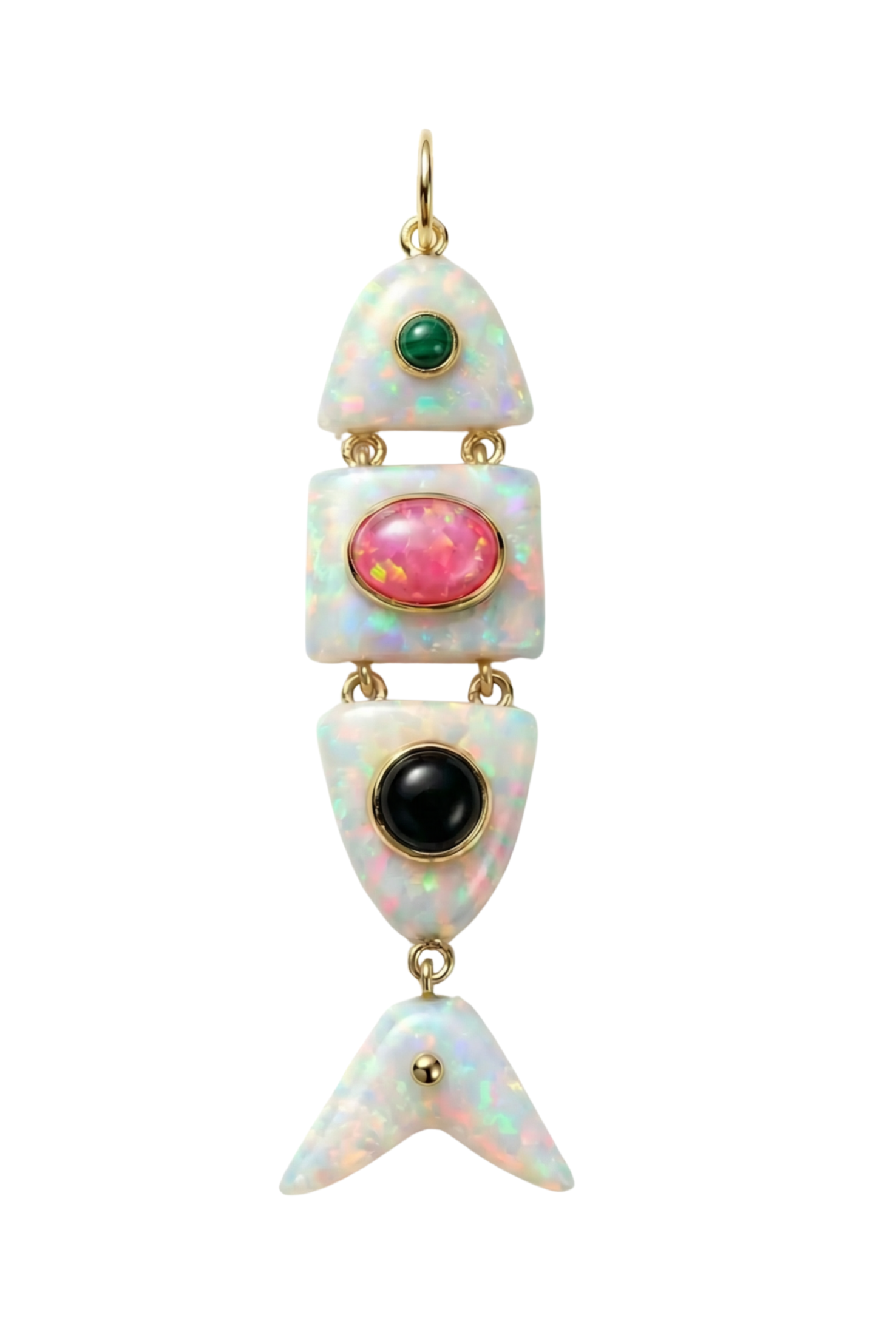 Elyzian Fine Jewelry Poisson Pendant in opal, malachite, and onyx set in 14K yellow gold, front view
