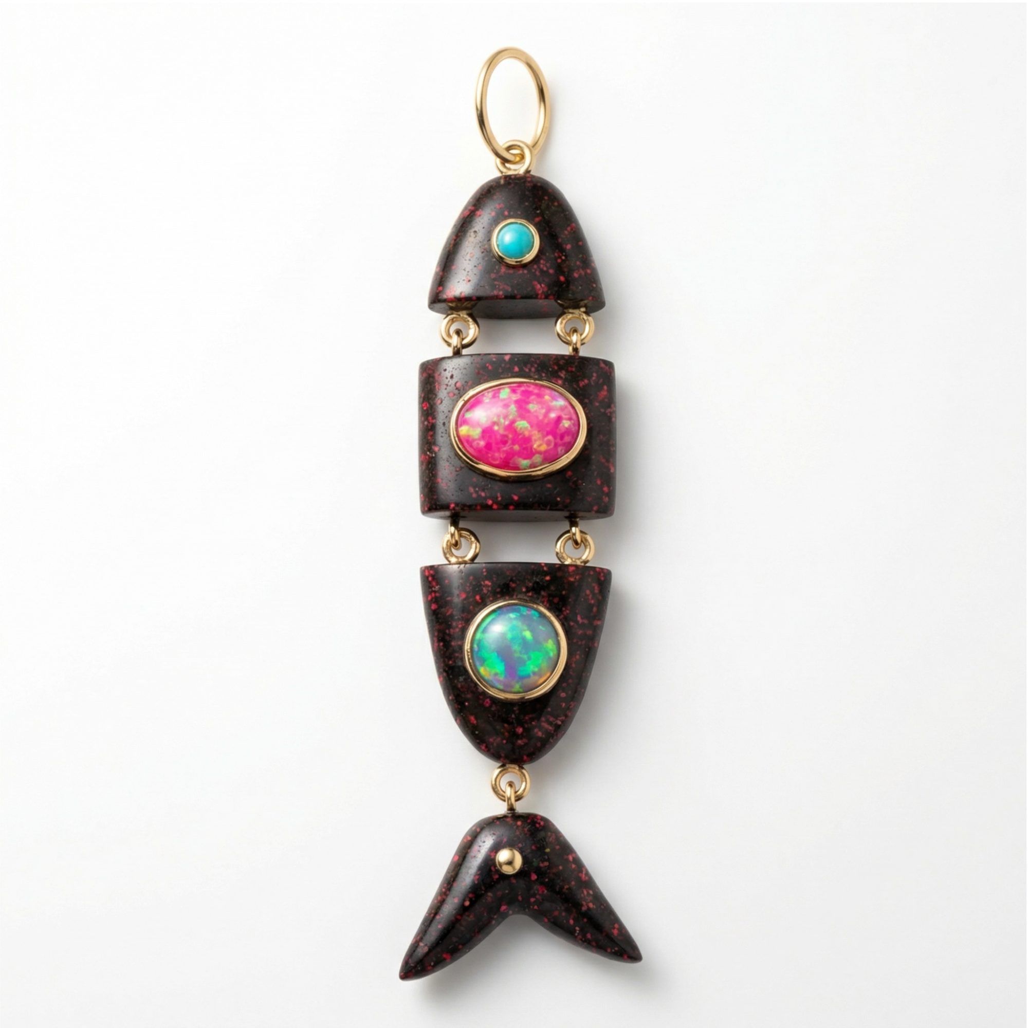 Elyzian Fine Jewelry Poission Pendant in opal and turquoise set in 14K yellow gold, front view
