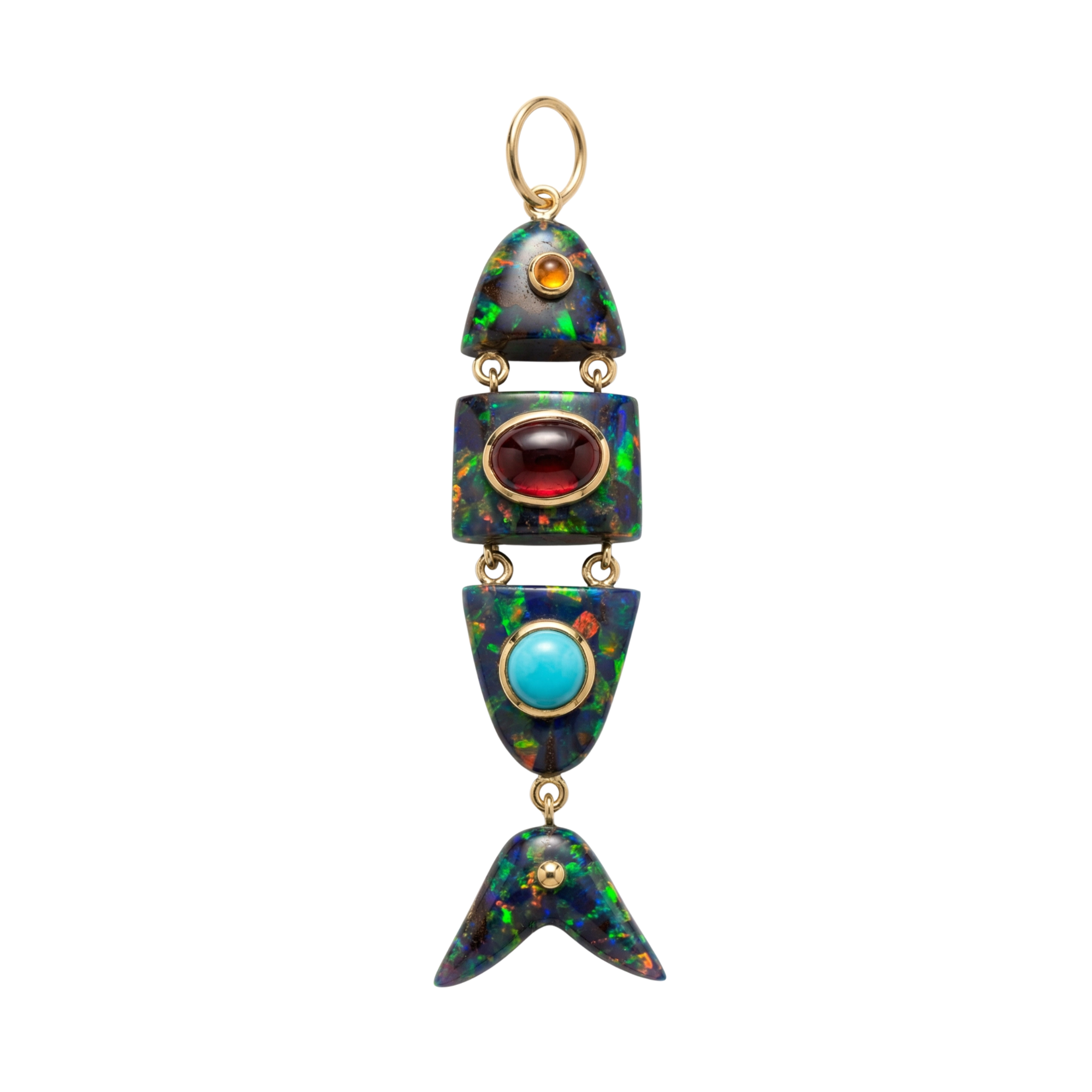 Elyzian Fine Jewelry Poisson Pendant in opal, turquoise, and carnelian set in 14K yellow gold, front view