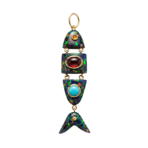 Elyzian Fine Jewelry Poisson Pendant in opal, turquoise, and carnelian set in 14K yellow gold, front view