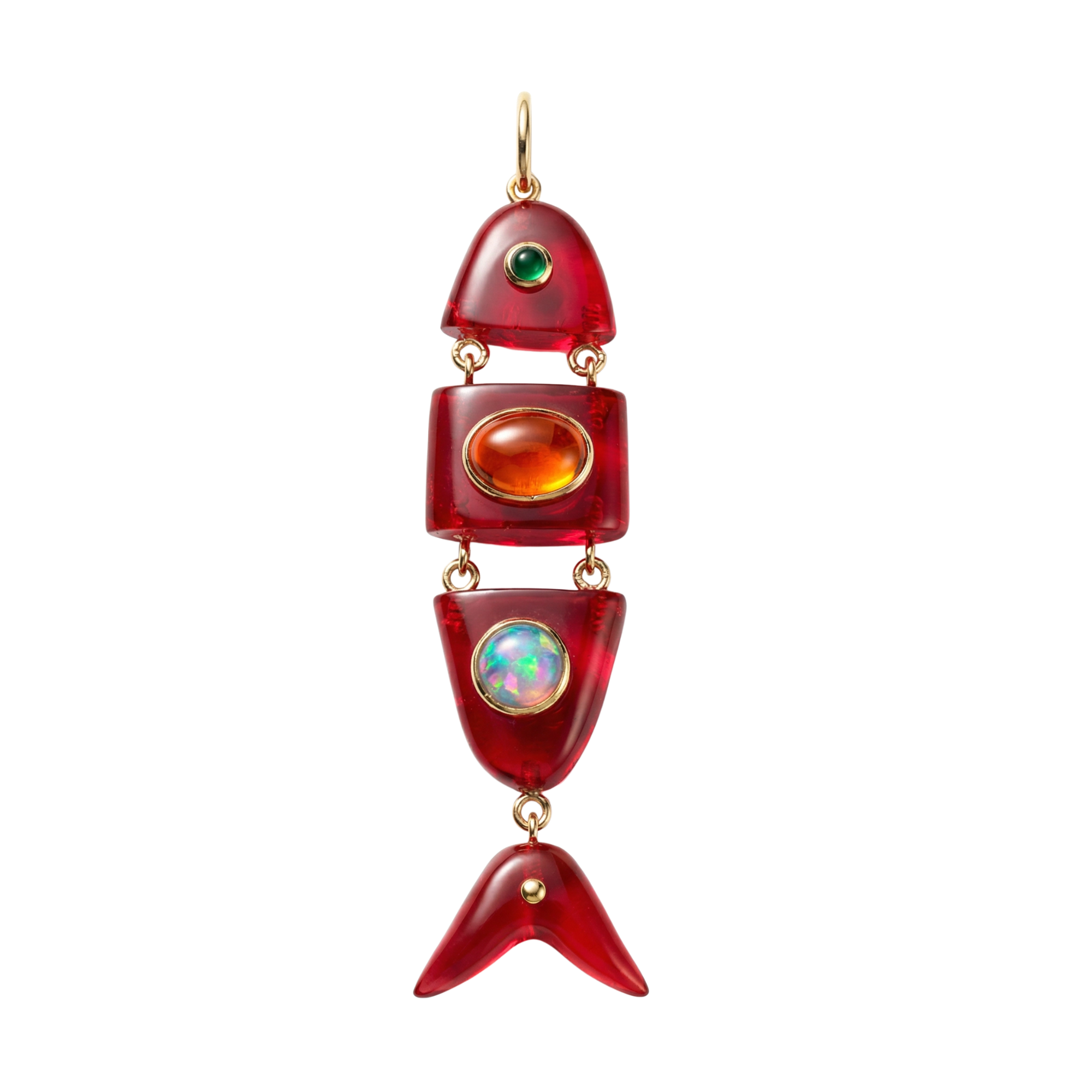 Elyzian Fine Jewelry Poisson Pendant in quartz, opal, ruby, and onyx set in 14K yellow gold, front view