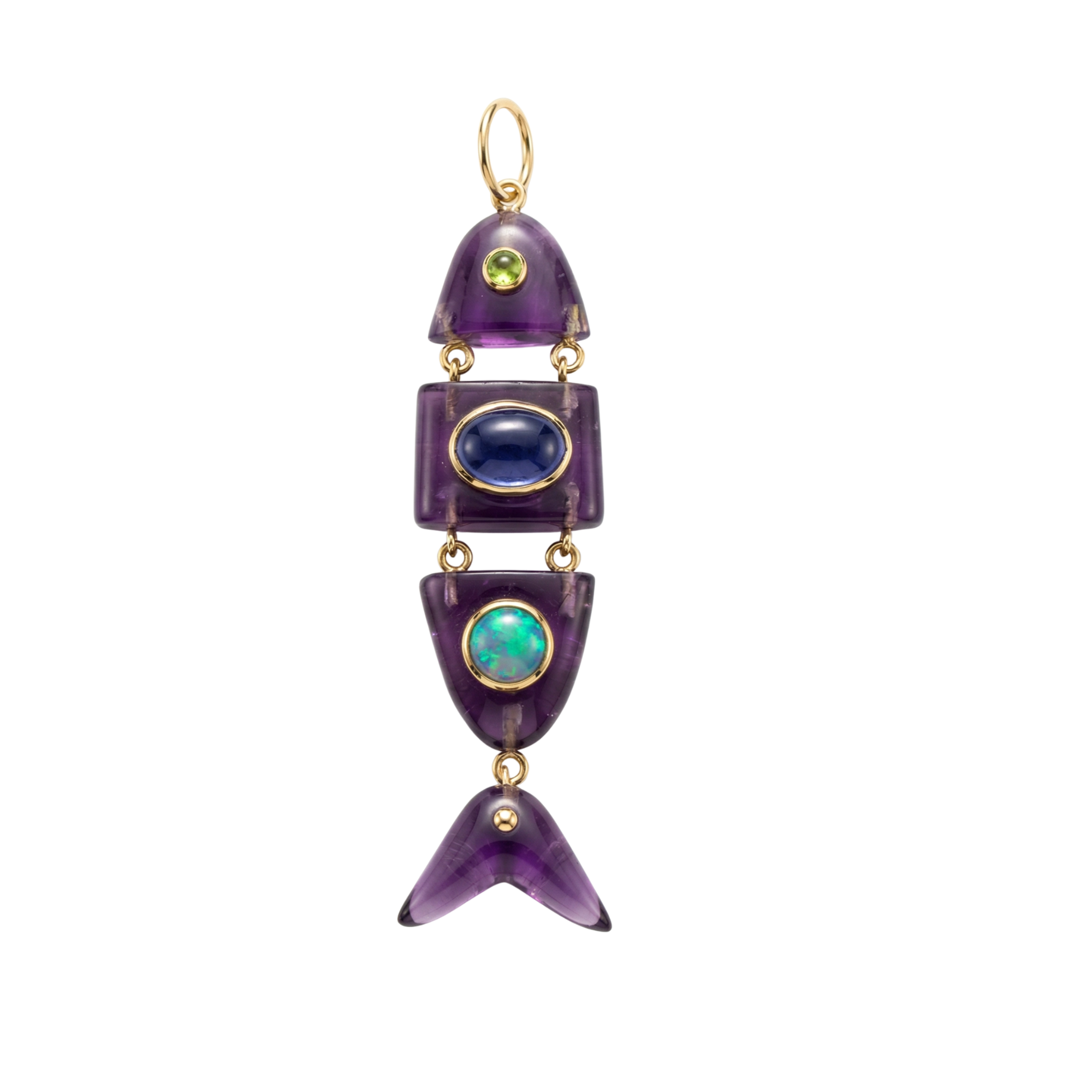 Elyzian Fine Jewelry Poisson Pendant in amethyst, opal, tanzanite, and emerald set in 14K yellow gold, front view
