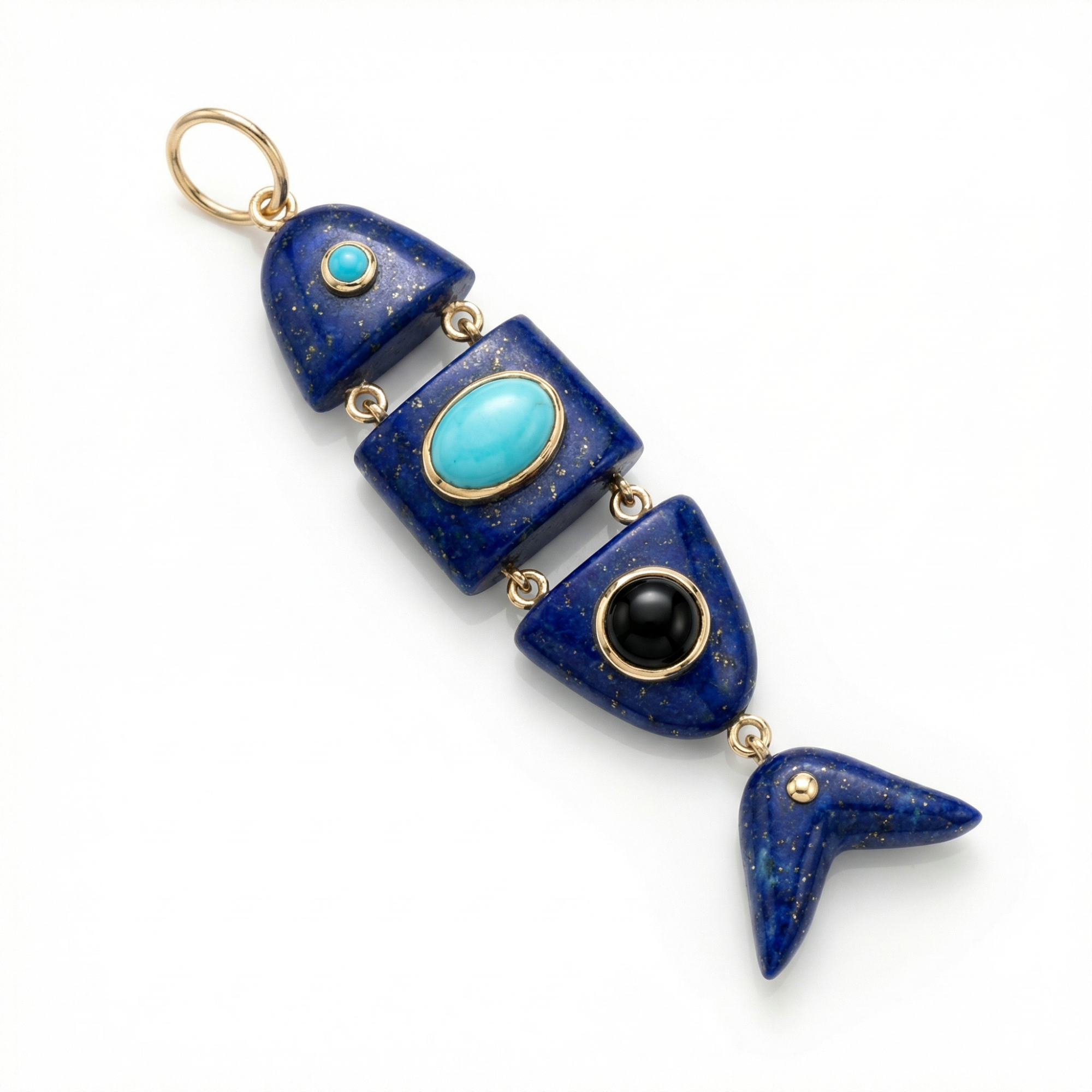 CLose-up detail of Poisson Pendant featuring lapis, onyx, and turquoise gemstones in 14K yellow gold