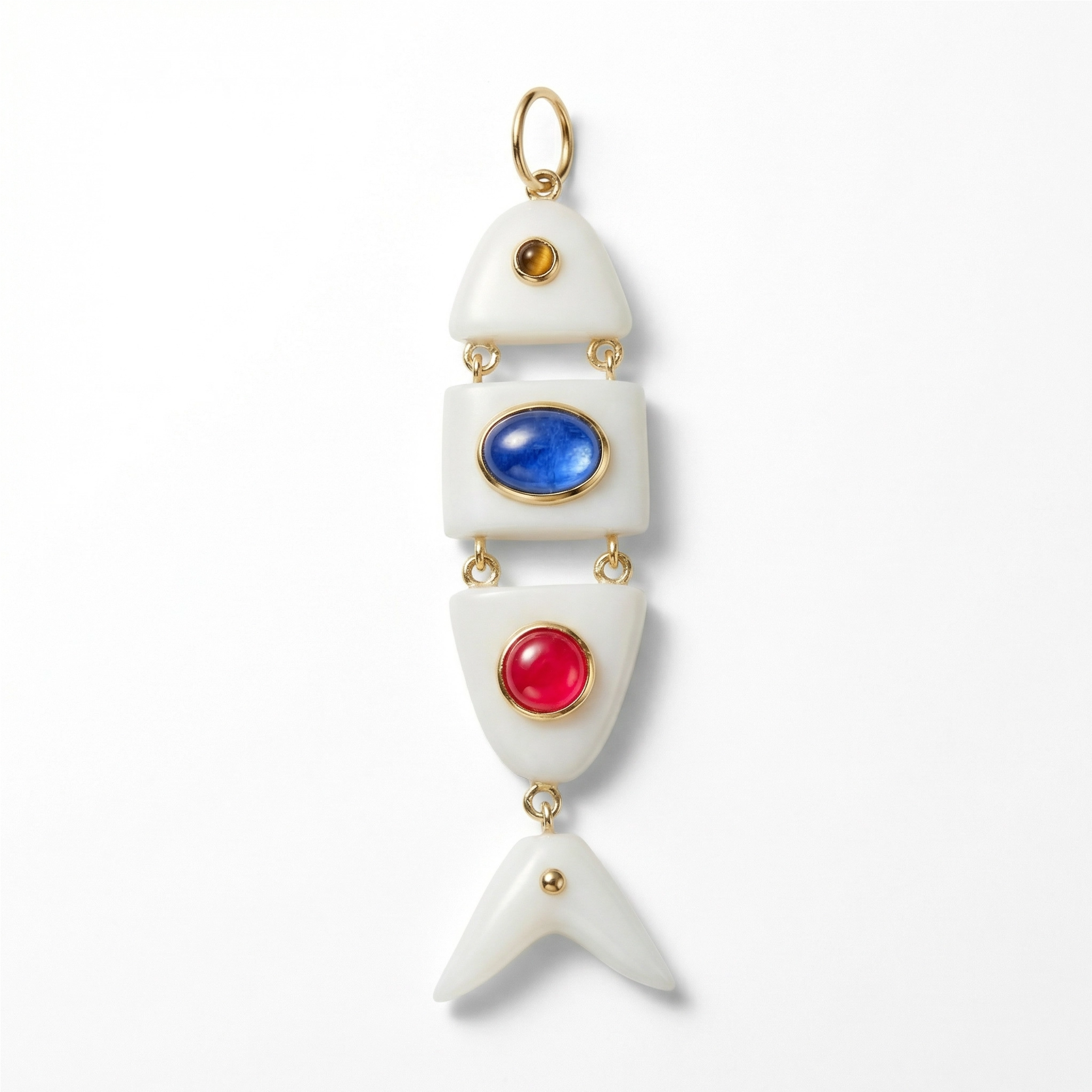 Elyzian Fine Jewelry Poisson Pendant in opal, kyanite, ruby, and tiger's eye set in 14K yellow gold, front view
