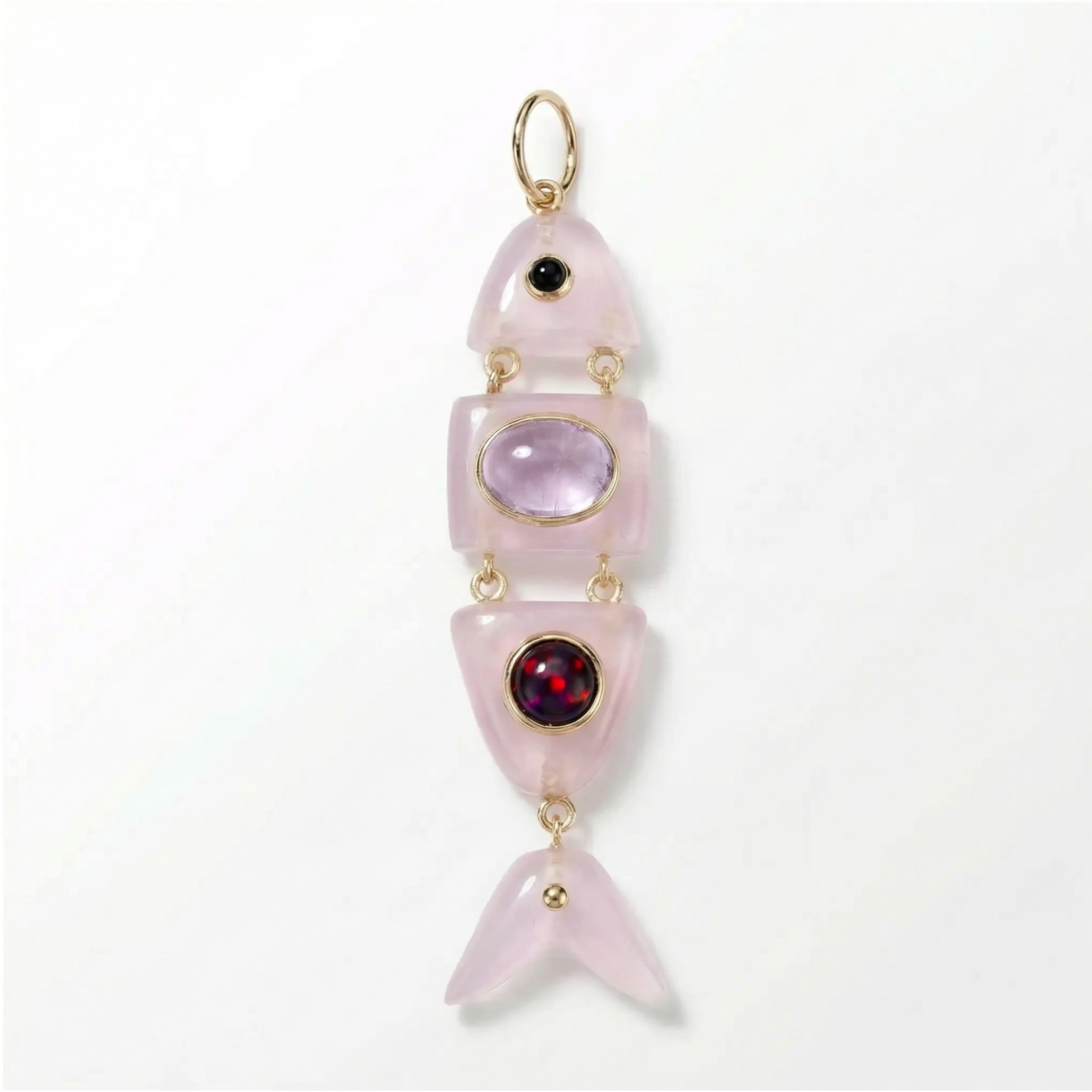 Elyzian Fine Jewelry Poisson Pendant in quartz, amethyst, onyx, and opal set in 14K yellow gold, front view