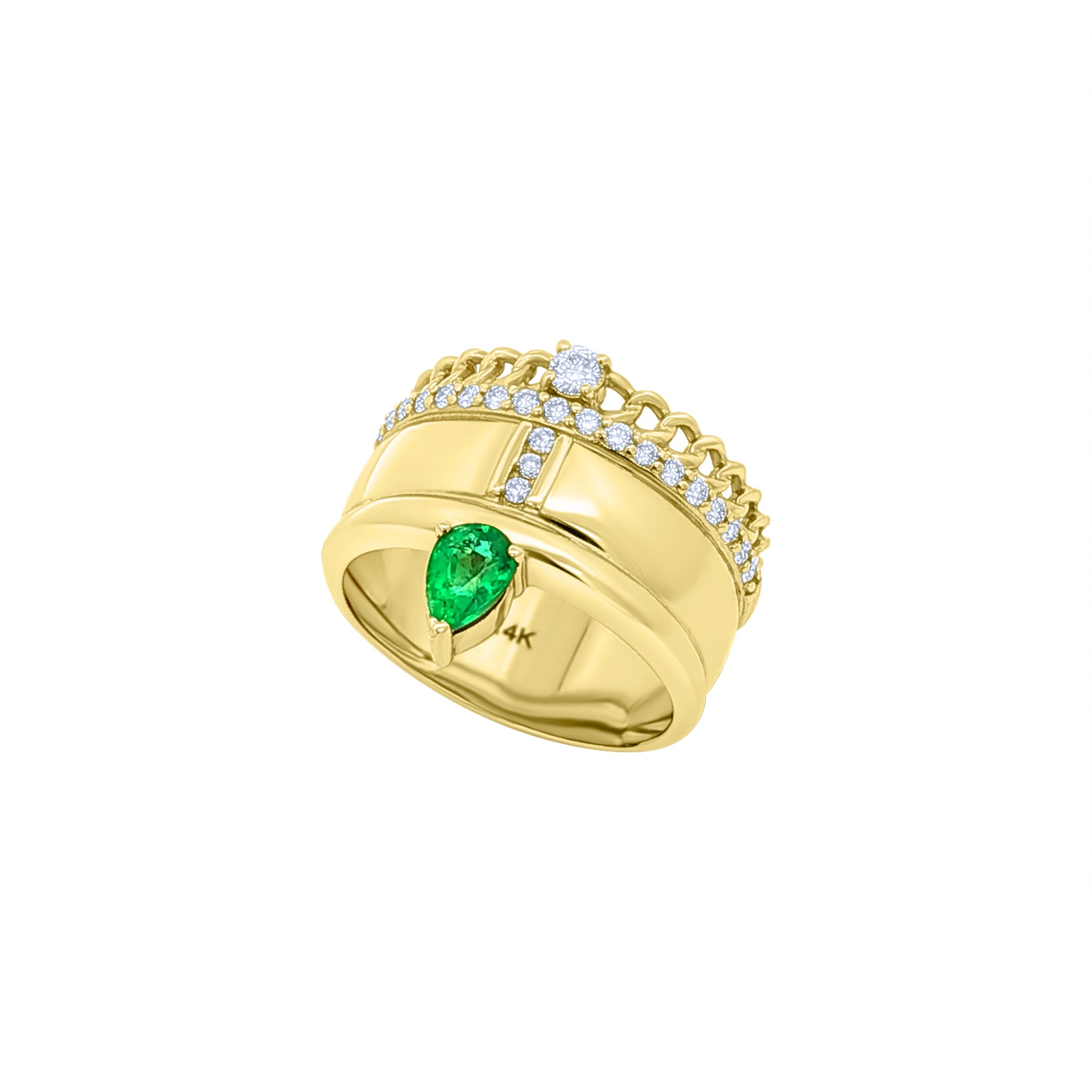 Emerald and Diamond Chain Edge Cigar Band Ring in 14K Yellow Gold by Elyzian – front view