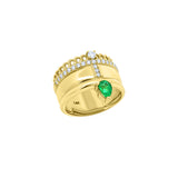 Detail of pear-cut emerald and pavé diamond cross on Elyzian 14K Yellow Gold Cigar Band Ring