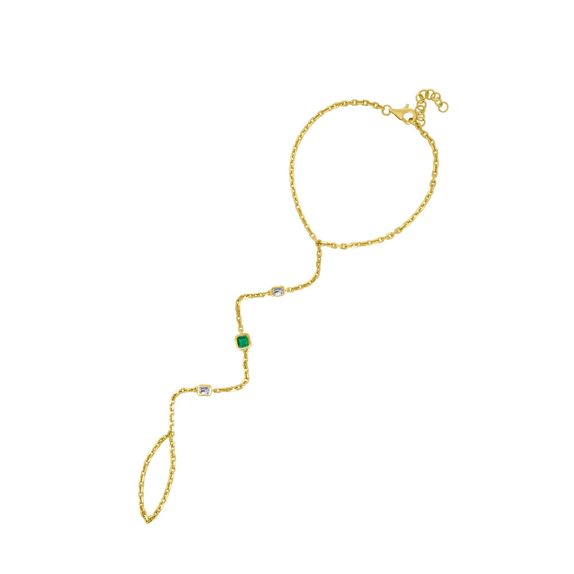Emerald and Diamond Hand Chain in 14K Yellow Gold by Elyzian