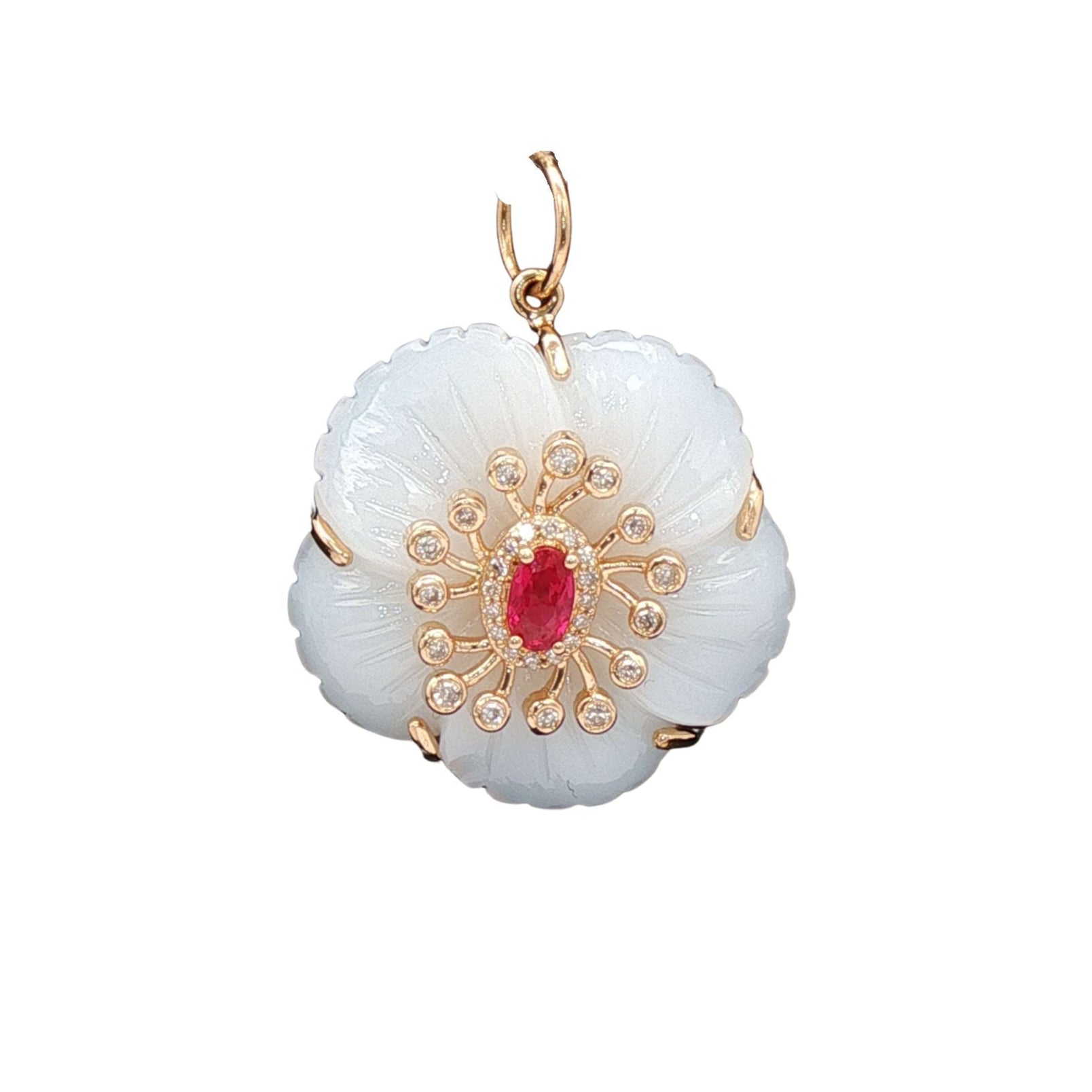 Fiamma Lucida Fleur de Charme Pendant in 14K Yellow Gold with Opal, Ruby, and Diamonds by Elyzian Fine Jewelry
