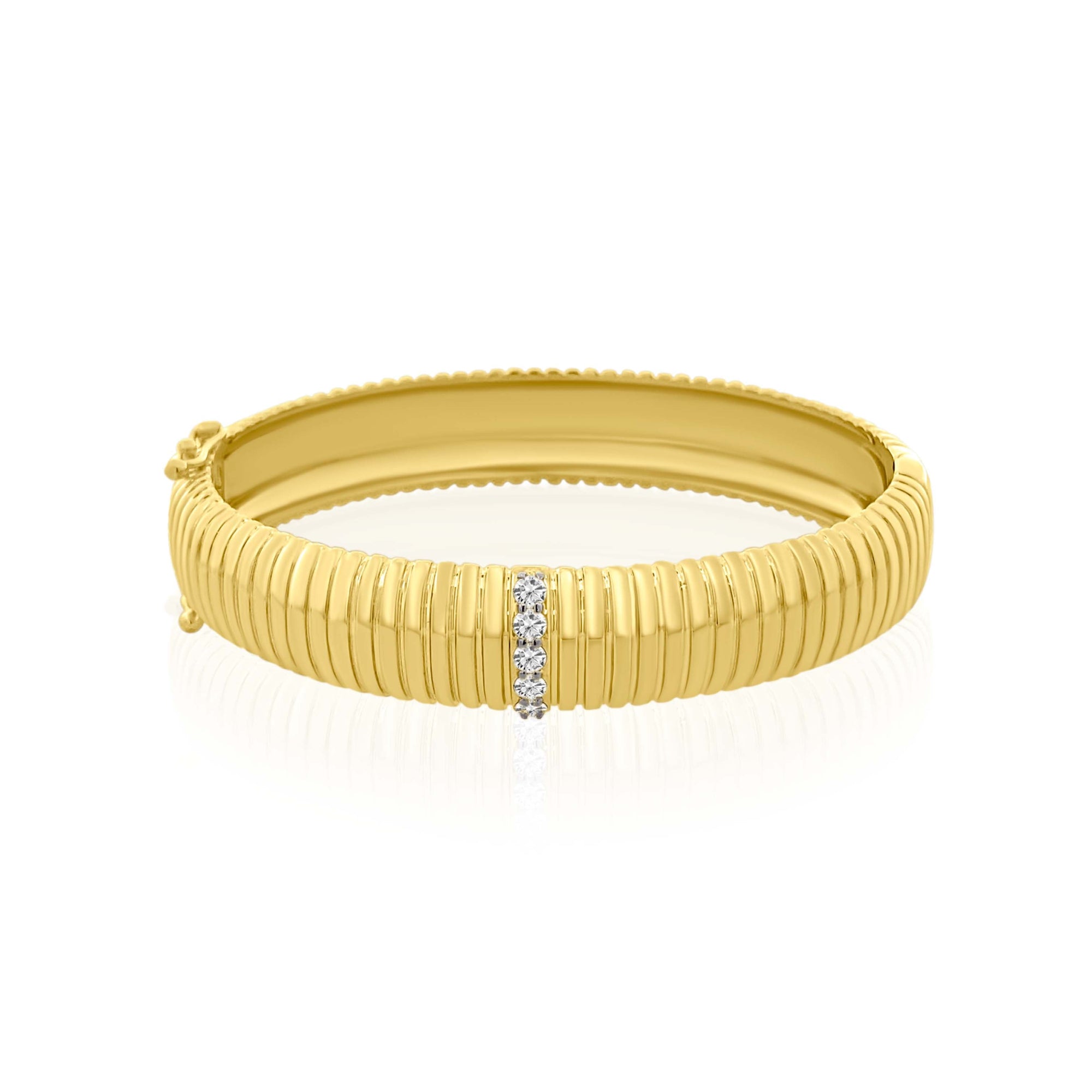 Fluted Gold Bangle with Diamond Pavé Link in 14K Yellow Gold by Elyzian