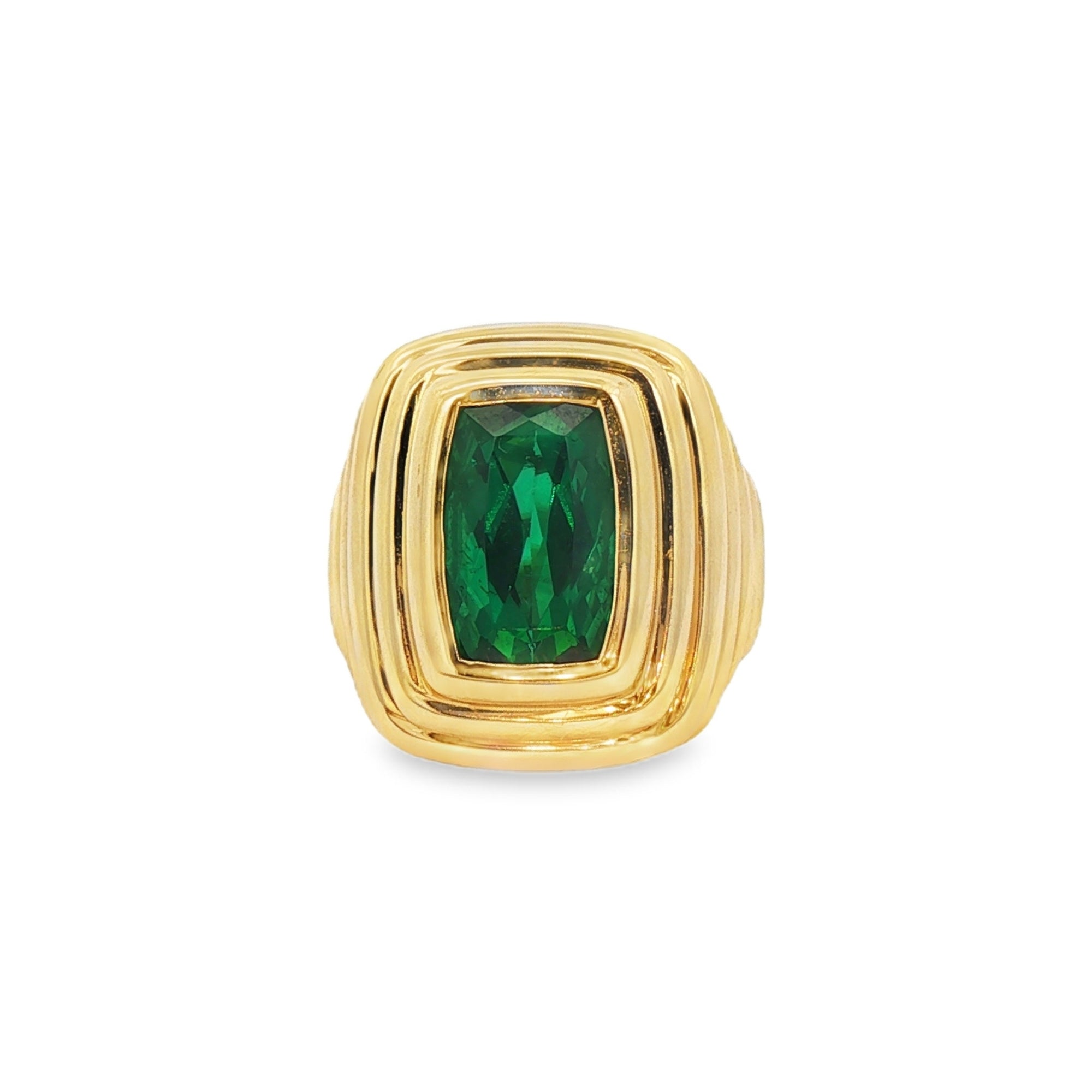 Fluted gold ring featuring a 4.38ct green tourmaline set in layered 14K yellow gold by Elyzian Fine Jewelry