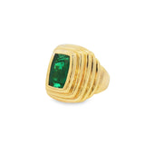 Side view of fluted 14K yellow gold ring with cushion-cut 4.38ct green tourmaline showcasing strata-inspired contours by Elyzian