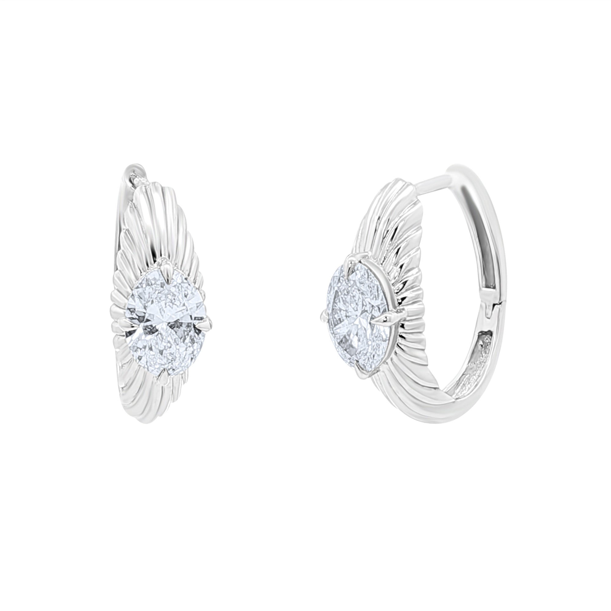 Fluted Huggie Earrings with Lab-Grown Oval Diamonds in 14K White Gold by Elyzian