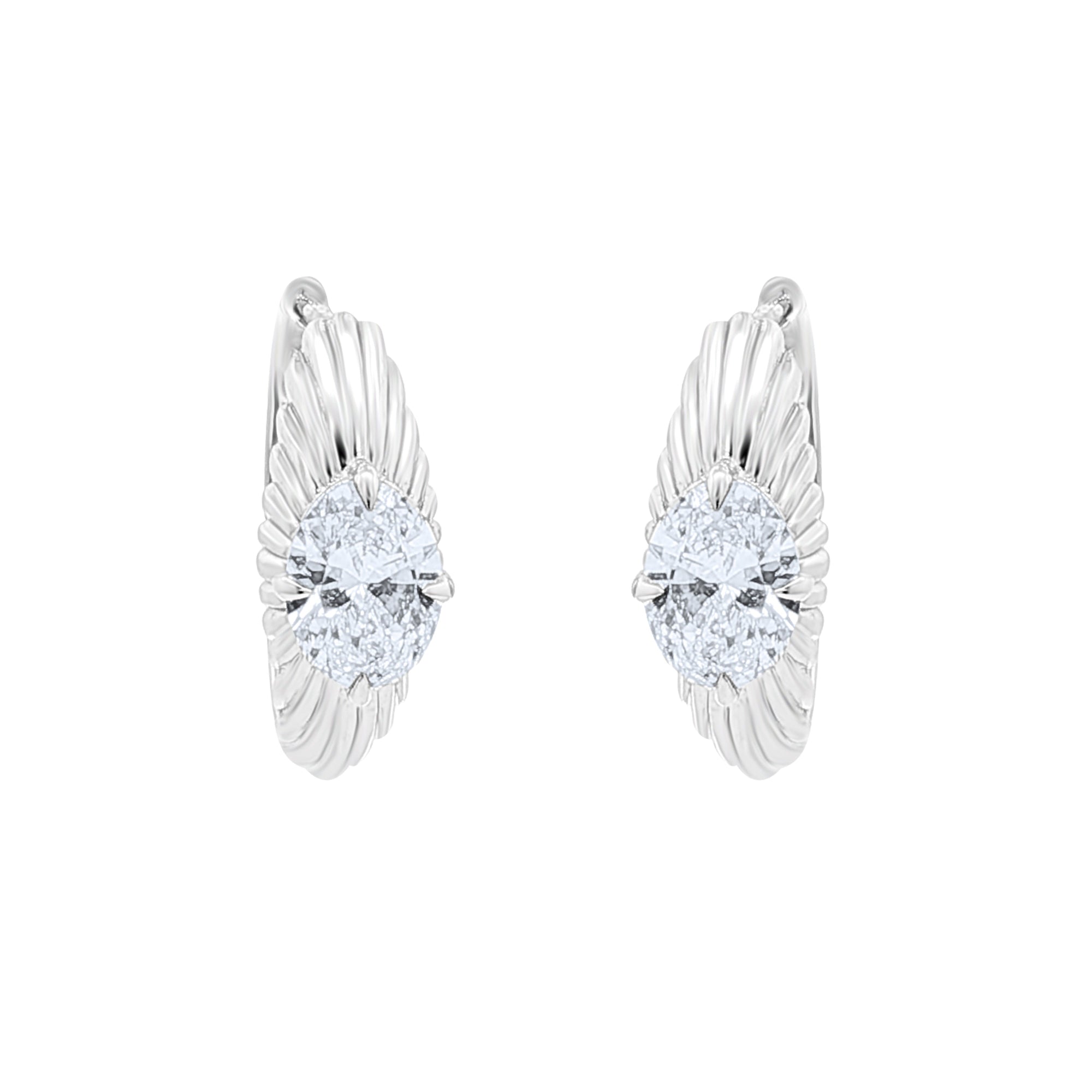 Fluted Huggie Earrings with Lab-Grown Oval Diamonds in 14K White Gold by Elyzian