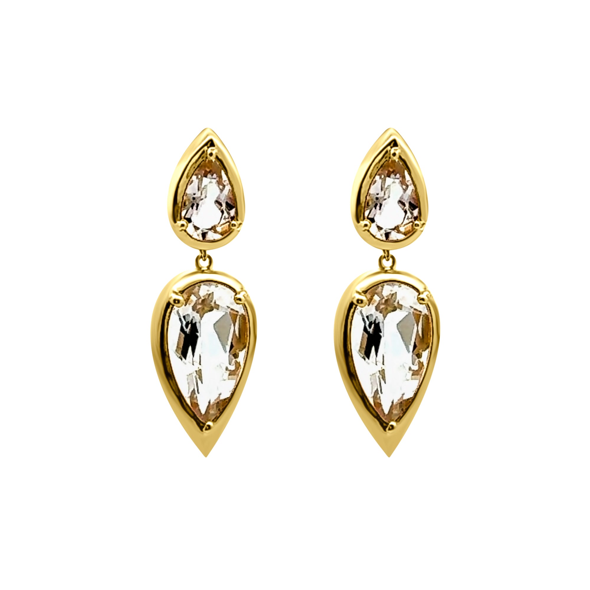Gold and white topaz teardrop earrings in 14k yellow gold by Elyzian Fine Jewelry
