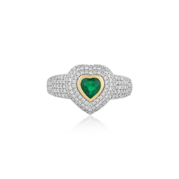 A 14k dual-tone gold ring featuring a 0.47ct heart-shaped emerald at center, surrounded by 0.75ct of pavé-set diamonds across 81 stones.